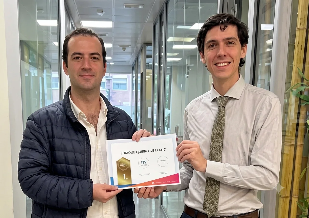 Enrique Queipo de Llano con su certificado TOEFL de 117 puntos en American Language Academy